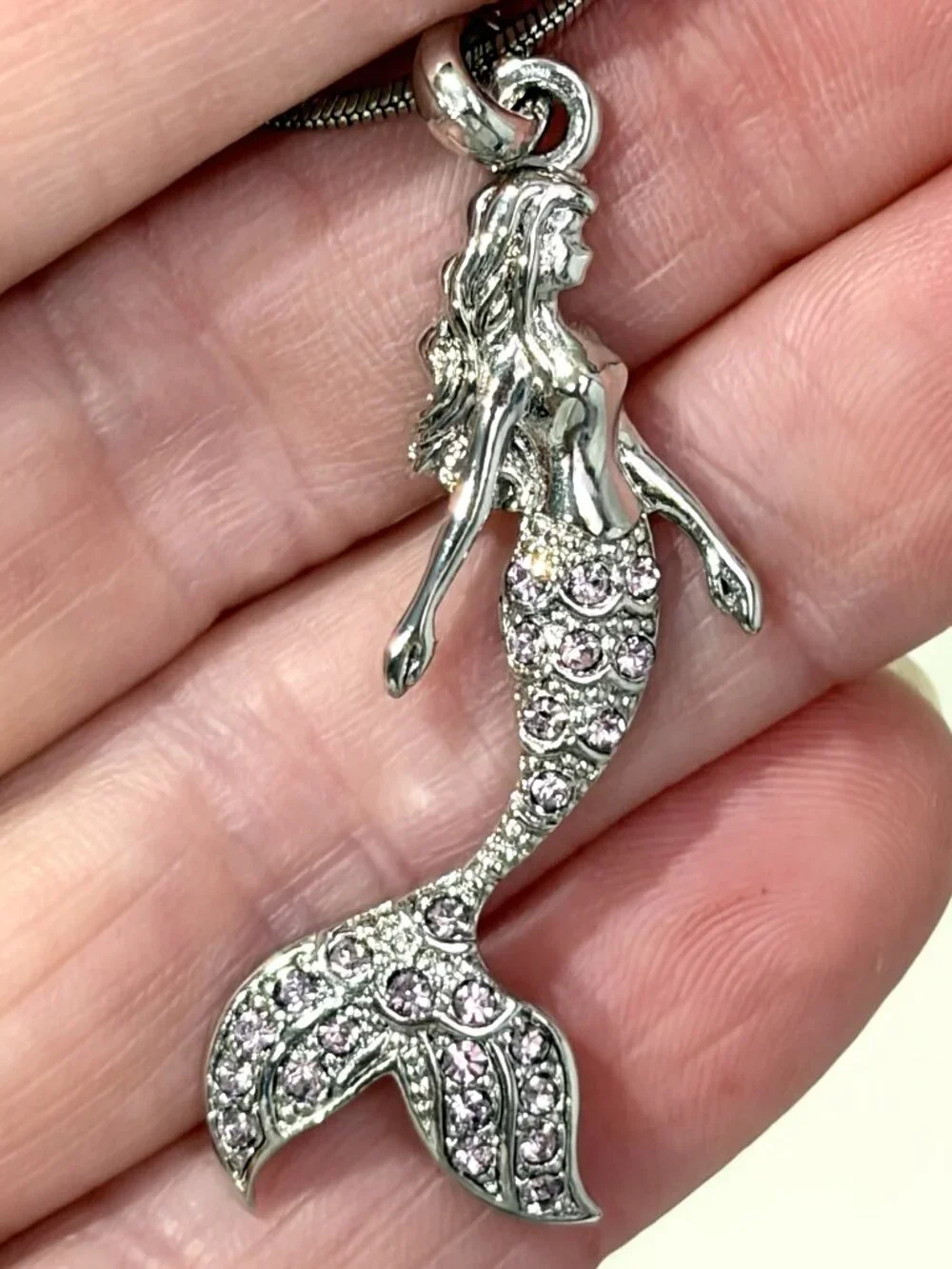 NWOT Silver Tone Pink Crystal Mermaid Pendant Necklace